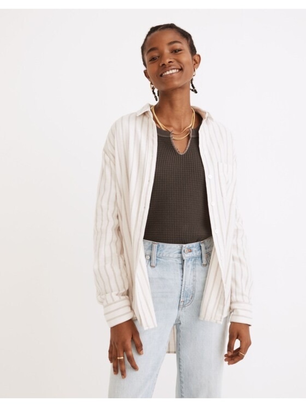 Madewell Flannel Side-Button Oversized Ex-Boyfriend Shirt in Quinley Stripe
